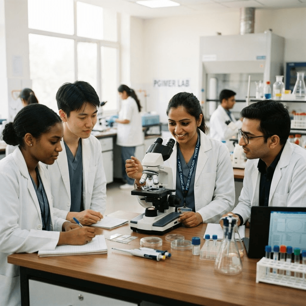 Allied health science students collaborating in a modern laboratory