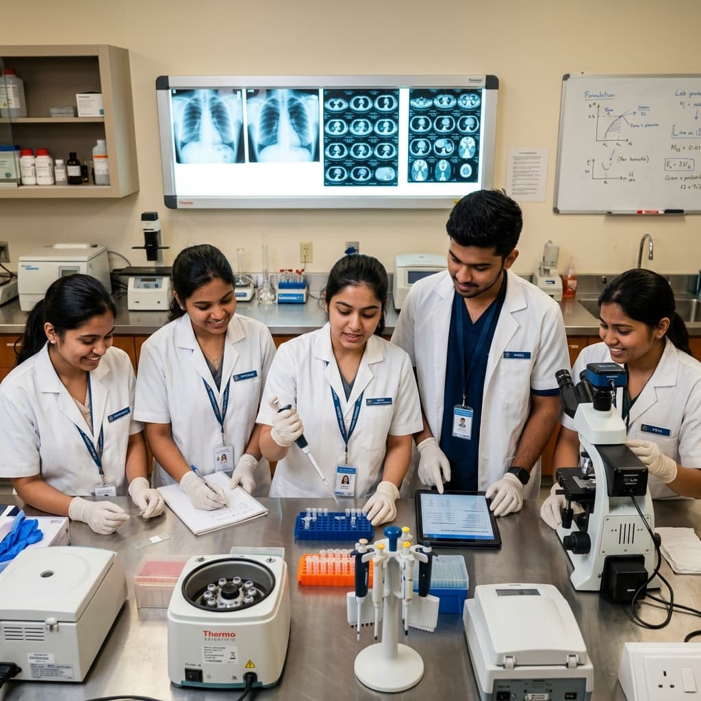 SAAHS students collaborating in a clinical lab